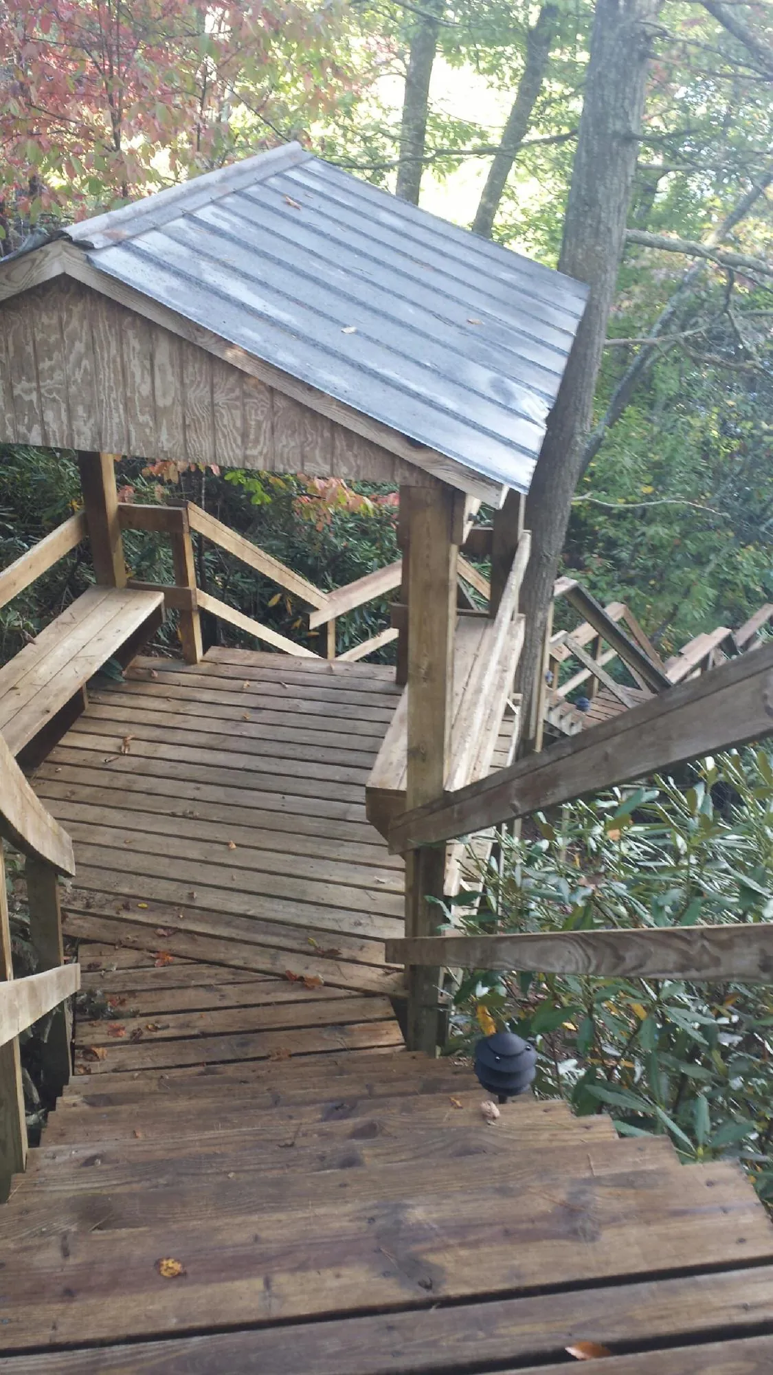 Metal roofed shelter over wooden steps on a wooded walkway — Skylight Repair & Installation work by our crew in Elton